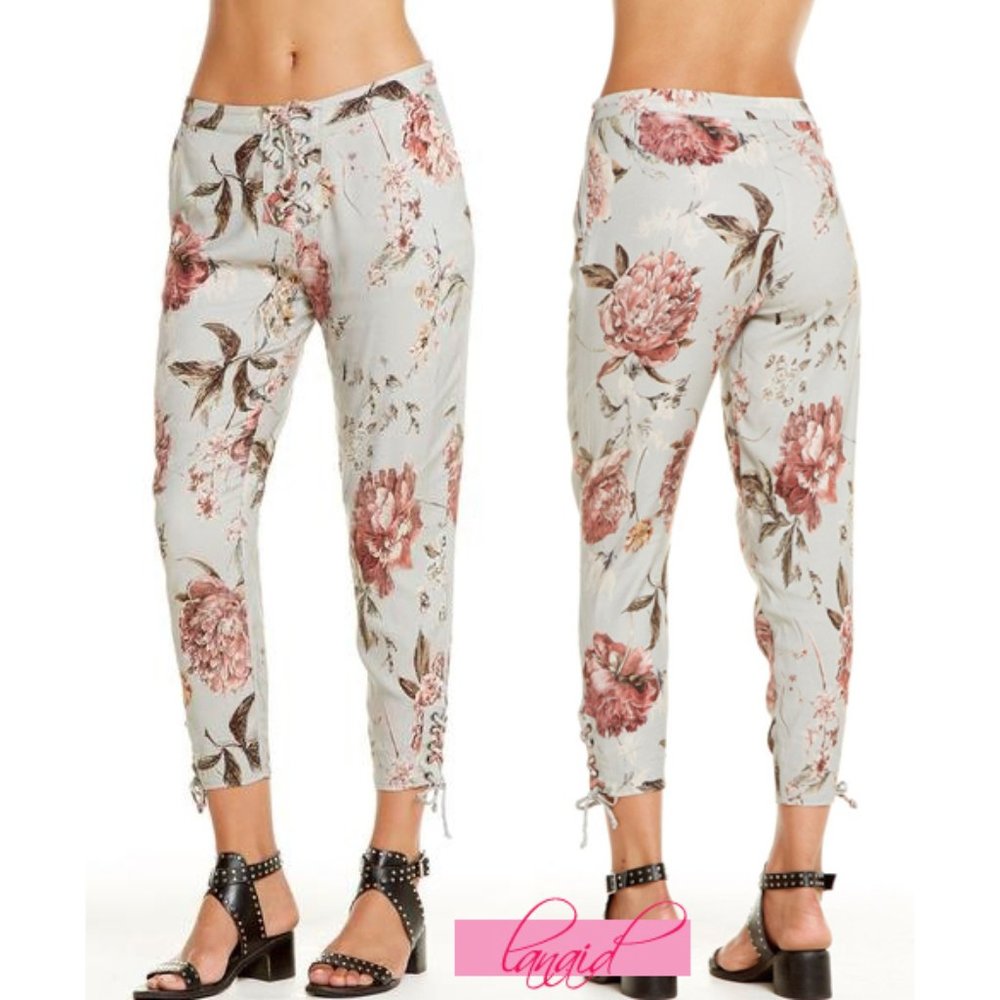 Chaser Heirloom Woven Lace-Up Floral Cropped Pants